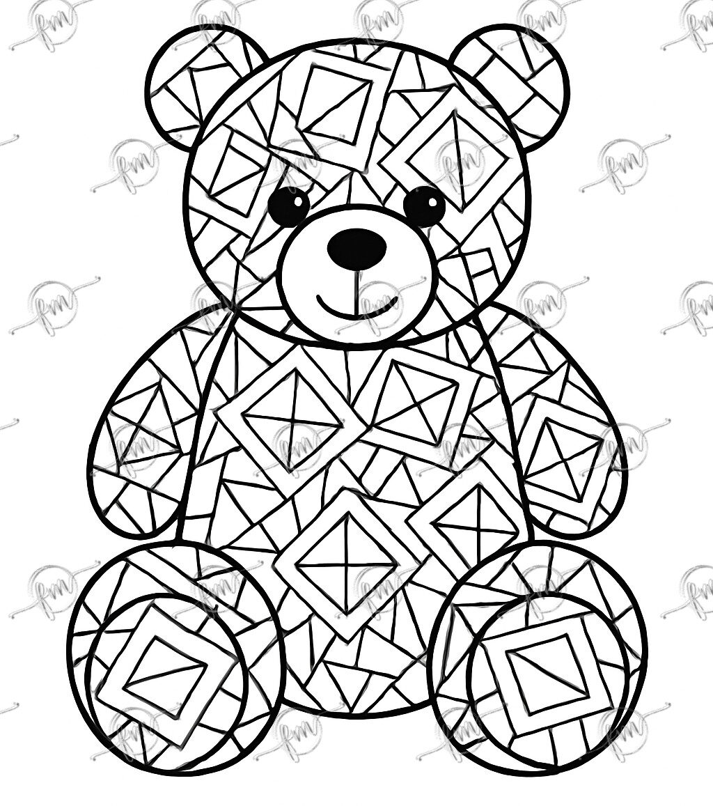 A digital coloring page featuring a smiling teddy bear filled with geometric shapes like squares, triangles, and diamonds, ready for vibrant coloring.