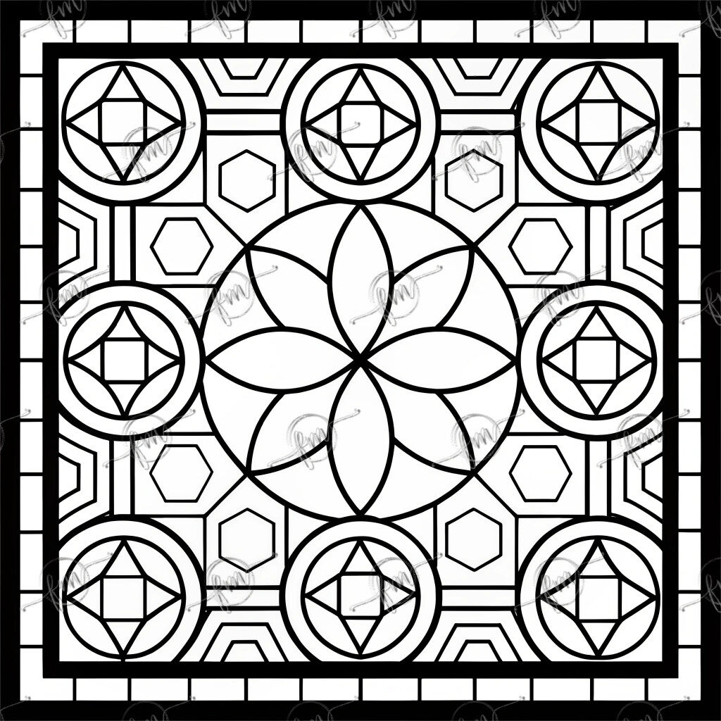 "Geometric Garden" digital coloring design, filled with flowers, hexagons, squares, and circles.