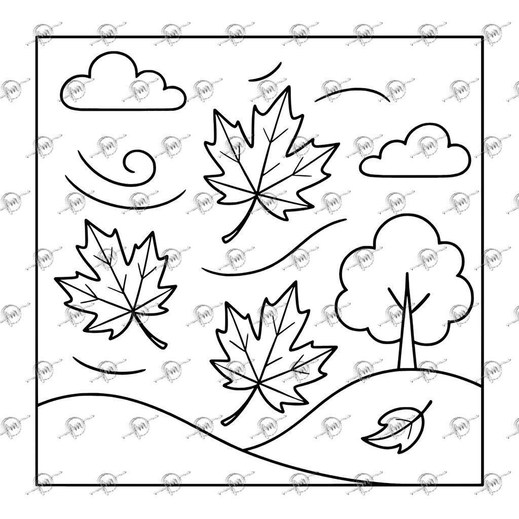 Digital coloring page of autumn leaves whipping in the wind