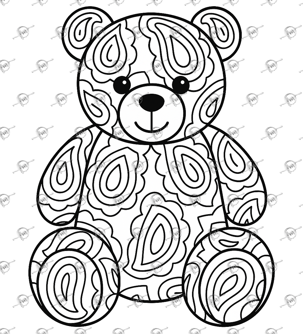 This cheerful patchwork teddy is dressed in playful paisley patterns, ready for vibrant colors and big imaginations!