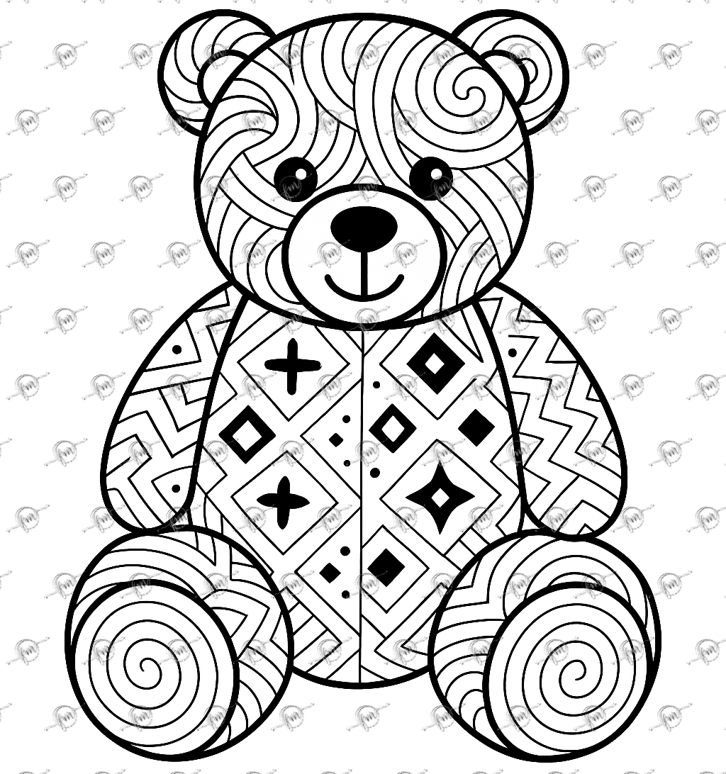 This patchwork teddy bear bursts with dazzling geometric patterns and playful swirls, perfect for young artists to bring to life!