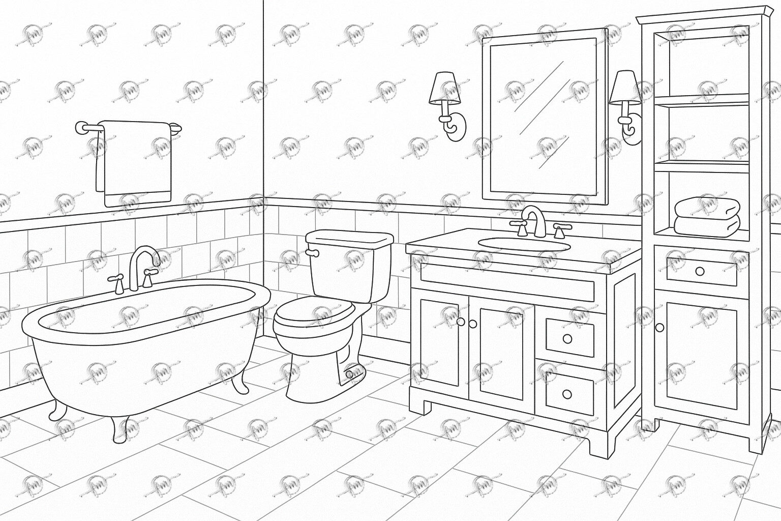 This clean and detailed bathroom scene invites creative minds to explore textures, colors, and everyday objects in a relaxing setting.